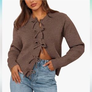 BTFBM Brown Knit Button Front Cardigan Sweater with Bow Details New